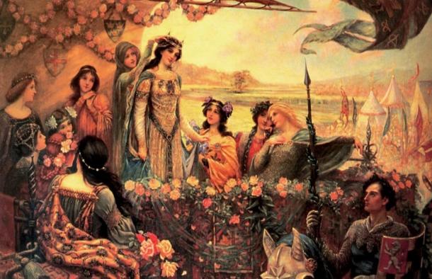Lancelot admiring Guinevere, whom he loved until his final days, painting by Herbert James Draper, 1890’s.