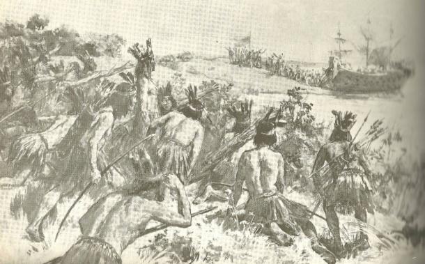 Landing of Juan Diaz de Solis on the shores of the Eastern Band (present Uruguay), stalked by the Charrúas, who would kill him soon after. 