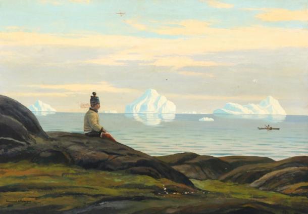 Landscape from Greenland with Inuit woman looking at the sea by Emanuel Petersen. (Public Domain)
