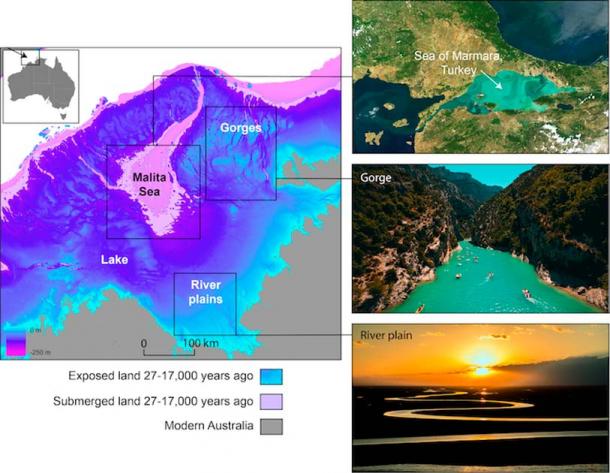 Last ice age landscapes and environments of the northwest continental shelf of Australia. The region held an inland sea, vast escarpment regions with deep gorges and broad sloping plains with large rivers. Modern day examples of these landscape features are shown on the right. (US Geological Survey, Geoscience Australia, Pexels/The Conversation)