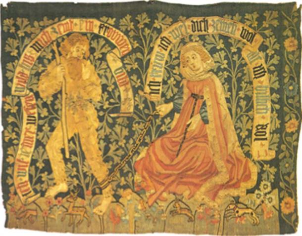 Late 15th century tapestry showing a woodwose, wild man, being tamed by a virtuous lady. (Cherubino / Public Domain)