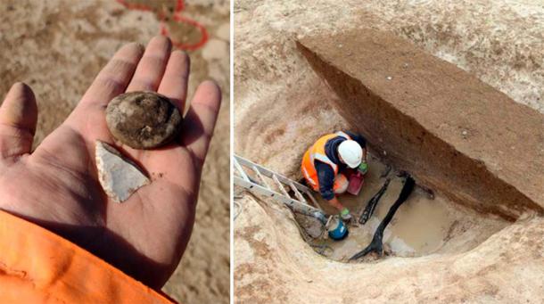 Left; Late Neolithic arrowhead and part of a Late Bronze Age spindle whorl. Right; Saxon waterhole under excavation by Chris Ellis (Cotswold Archaeology)