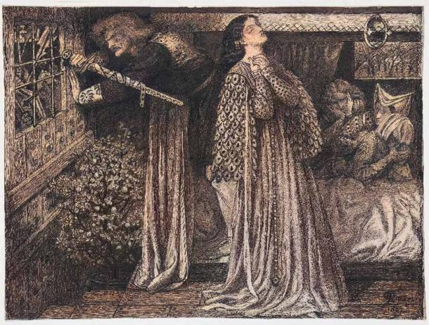 “How Sir Launcelot was espied in the Queen's Chamber, and how Sir Agravaine and Sir Mordred came with twelve knights to slay him”, inscribed in gold on the original frame. Dante Gabriel Rossetti, 1857 (Public Domain)