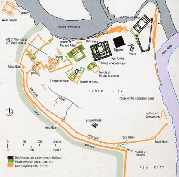 Layout of the city of Assur throughout the centuries.