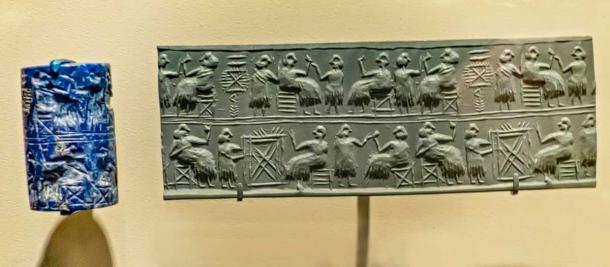 Lapis Lazuli Cylinder Seal recovered from the royal cemetery of Ur, Iraq 2550-2450 BCE (Mary Harrsch / CC BY 2.0)