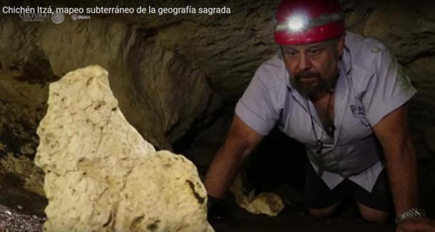 Lead archaeologist, Guillermo de Anda investigating one of the tunnels in the temple complex