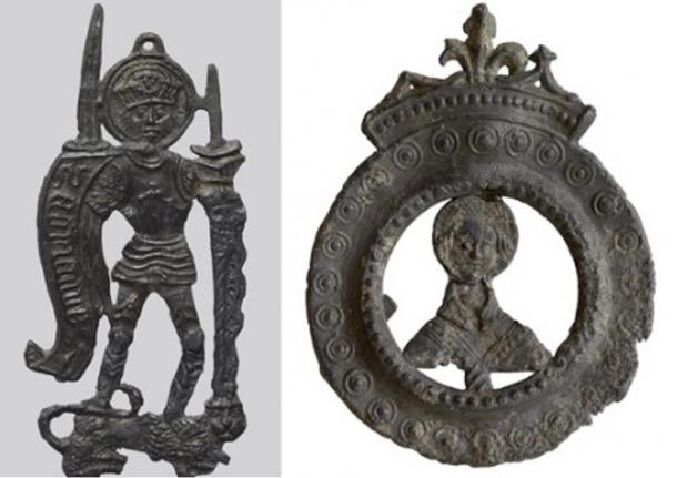 Lead badges such as these were purchased by pilgrims as mementos of holy sites they had visited. Originally there were loops at top and bottom for the pilgrim to sew the badges onto a hat or cloak. 