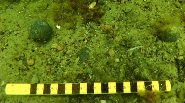 Lead shot found amidships of the Gribshunden wreck; these may be among the first artillery lead shot meant for use in naval warfare. 