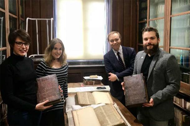 Leah Tether, Laura Chuhan Campbell, Michael Richardson, and Benjamin Pohl, the team of experts who investigated whether the Merlin manuscript held any secret about the legends of Arthur, Merlin, and the Holy Grail. (University of Bristol)