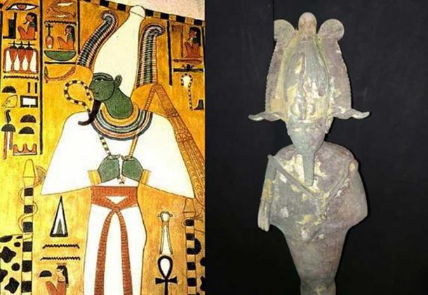 Left, frieze on a wall of tomb QV66, the burial place of Nefertari (c. 1295-1255 BC) featuring the Egyptian god Osiris. (Public Domain); Right, Bronze statuette of Osiris. (Ministry of Antiquities)