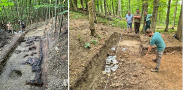 Left; Remains of a wooden building presumably burned during the attack. Right; The rubble of another building contained a mass of burned, imprinted pieces of plaster. 