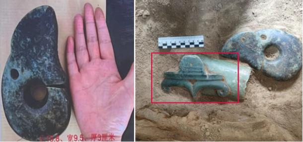 Left; The jade dragon next to an anonymous hand. Right; Funerary jade.