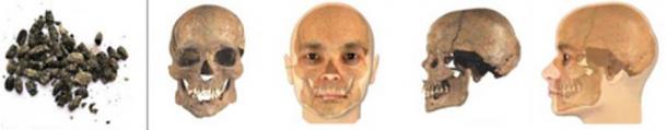 Left: blowfly larvae found in the mass grave. Right: graphic reconstruction of the individual from burial No. 79. (Sergey Nikitin/Institute of Archaeology, Russian Academy of Sciences)