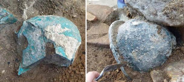 Left; Chalcidian helmet likely taken as a trophy of war. Right; Helmet still in the ground at the Velia temple site. (Parco Archeologico Paestum)