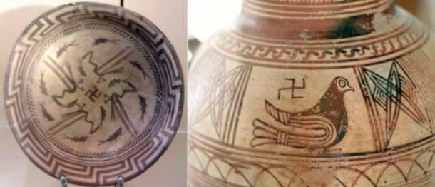 Left: The Samarra bowl at the Pergamonmuseum, Berlin. The swastika in the center of the design is a reconstruction. (Dnachmann / CC BY-SA 4.0) Right: Finding the cemetery of ancient Thera, 8th to 7th century BC. Archaeological Museum of Fira. (Zde / CC BY-SA 3.0)