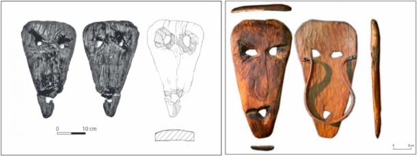 Left, Opole-Ostrówek, wooden “mask” from the 3rd quarter of the 11th century. Right, modern reproduction of the same. Sławomir Uta/ Kamil Kajkowski, “Masks from Opole in the context of Medieval Slavic rites”, (Archaeologia Polski 66, 2021, fig.11/CC BY 4.0)