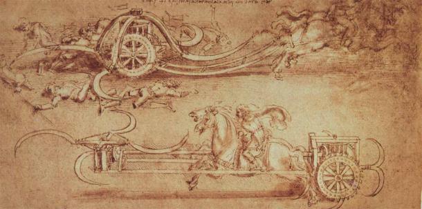 Leonardo da Vinci’s weapon design for a scythed chariot. It’s quite fascinating (Public Domain)