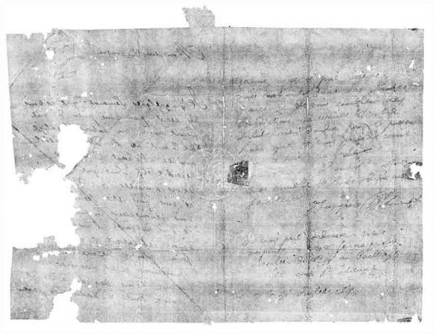 Letterpacket DB-1627 was virtually unfolded and read for the first time since it was written 300 years ago. The letter contains a message from Jacques Sennacques dated July 31, 1697, to his cousin Pierre Le Pers, a French merchant, for a certified copy of a death notice of one Daniel Le Pers. (Credit: Unlocking History Research Group)