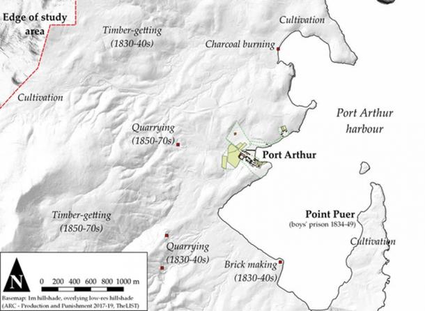 LiDAR image of the immediate area around the Port Arthur penal station, showing the range of activities carried out in the landscape. (Landscapes of Production and Punishment, 2017-19 /Author Provided)