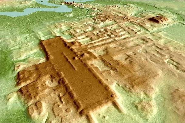 A LiDAR view of the same landscape shown in the previous picture at the Aguada Fénix archaeological site that reveals the Maya building complex and its similarities to Olmec design. (Alfonsobouchot / CC BY-SA 4.0)
