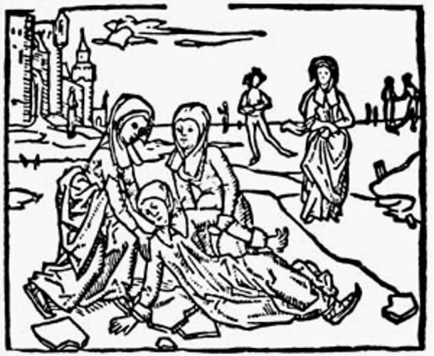 498 woodcut entitled “Lidwina's Fall on the Ice” from Johannes Brugman's Vita of Saint Lidwina.