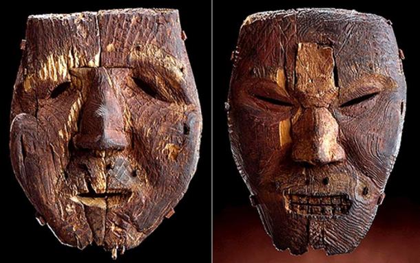 Life-size Dorset masks. (500-1000 AD) The masks were carved from driftwood and painted. They also once had fur moustaches and eyebrows attached with pegs. Scholars believe that the masks were probably used by shamans in rituals to cure illness, control the weather, or to aid in hunts. (Canadian Museum of History )