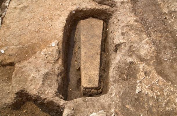 Limestone sarcophagus containing the lead coffin at medieval Grey Friars Church.