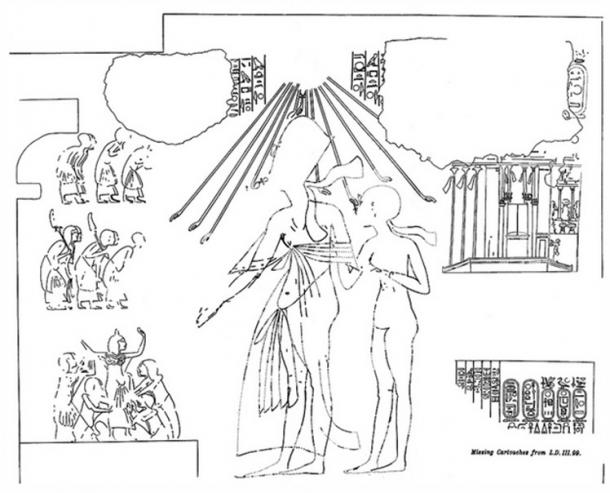 Line drawing of two figures from the tomb of Meryre II in Amarna. Lepsius’ drawing of the now missing cartouches identify the figures as Ankhkheperure Smenkhare Djser Kheperu and his wife Meritaten. 