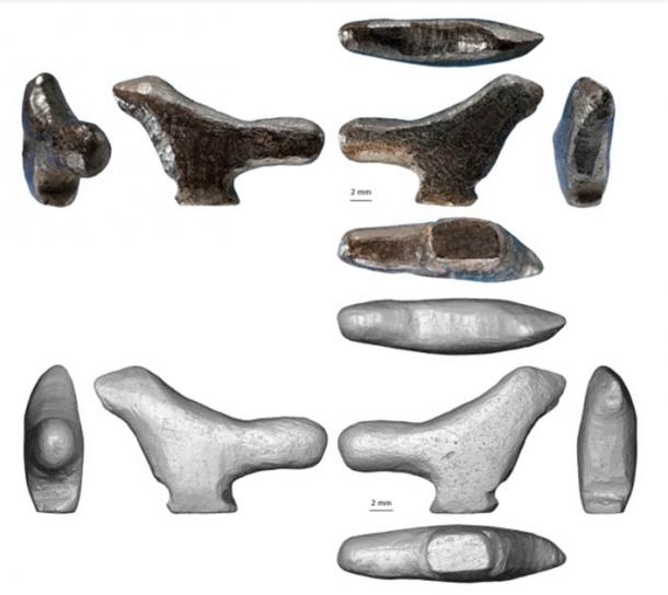 Lingjing bird carving. (Top) Photographs of the six aspects of the carvings. (Bottom) 3D renderings of the carving obtained by CTscan. (Image: Francesco d'Errico/Luc Doyon / PLOS ONE)