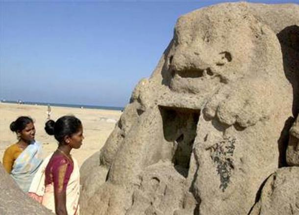 Lion statue that appeared after the December 26, 2004 tsunami on the beach of Mahabalipuram, India.