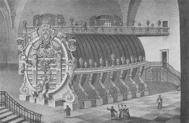 Lithograph, dating from 1840 of the giant Königstein wine barrel with a 238.000 liter volumetric capacity (Public Domain)