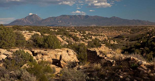 View down Little Ruins Canon with Sleeping Ute Mountain in the background