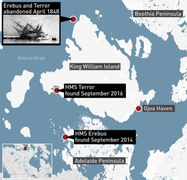 Location of the wrecks of HMS Erebus and HMS Terror. (CBC News/Parks Canada)