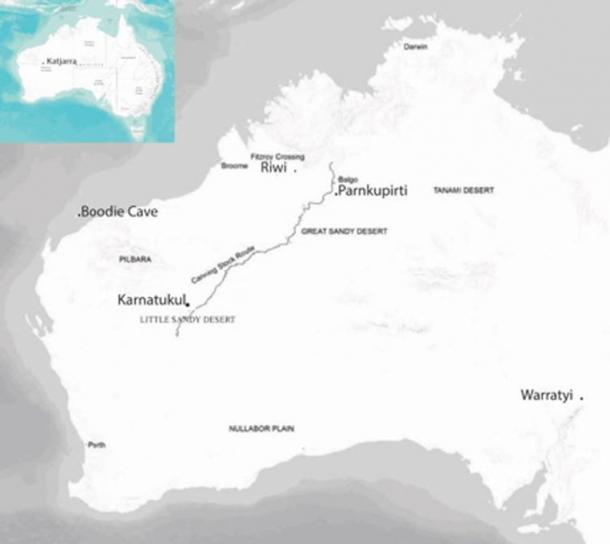 Location of Karnatukul, in the Carnarvon Ranges (Katjarra), near the Canning Stock Route. Jo McDonald, Author provided