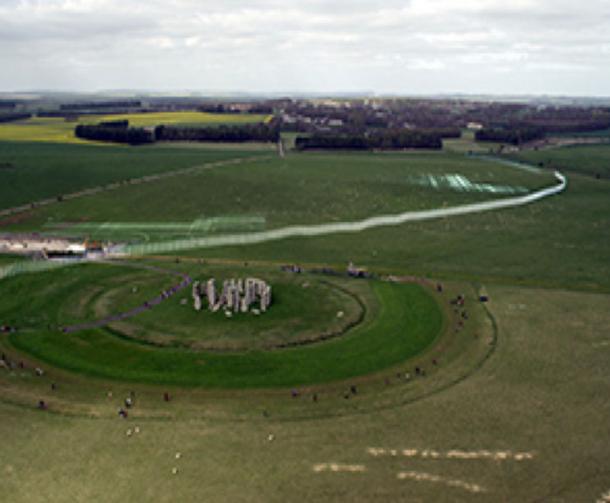 Location of the ditch extending nearby and northwest of Stonehenge. View is toward the northwest. The Greater Cursus is located in front of the line of trees