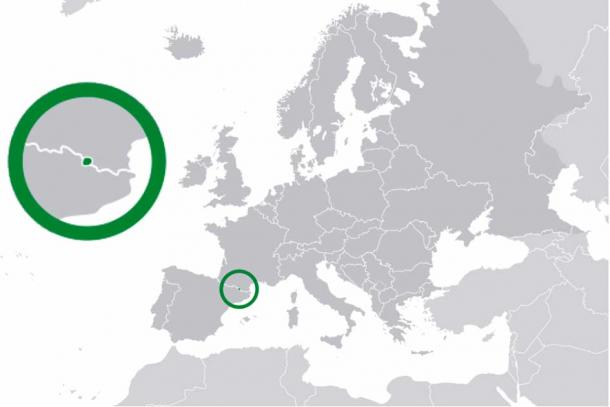 Location of Andorra (center of green circle) in Europe. (Bosonic dressing / CC BY-SA 3.0)