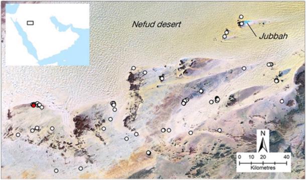 Ubicación de mostatiles primarios encontrados en el noreste de Arabia Saudita (Groucutt et al. / The Holocene)