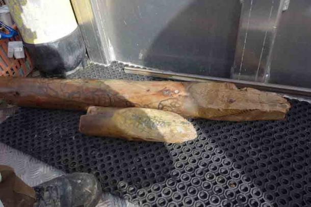 Two of the stilt logs found at the bottom of Lake Lucerne by scuba-diving archaeologists. (Canton Lucerne)
