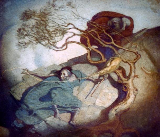 Loviatar spins on a hillside, painted by the Finnish artist Gallen-Kallella.