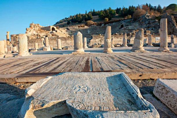 Ludus duodecim scriptorum, a popular game during the Roman Empire and believed to be a precursor to backgammon, discovered carved into a marble slab at Ephesus in Turkey. MehmetOZB / Adobe Stock