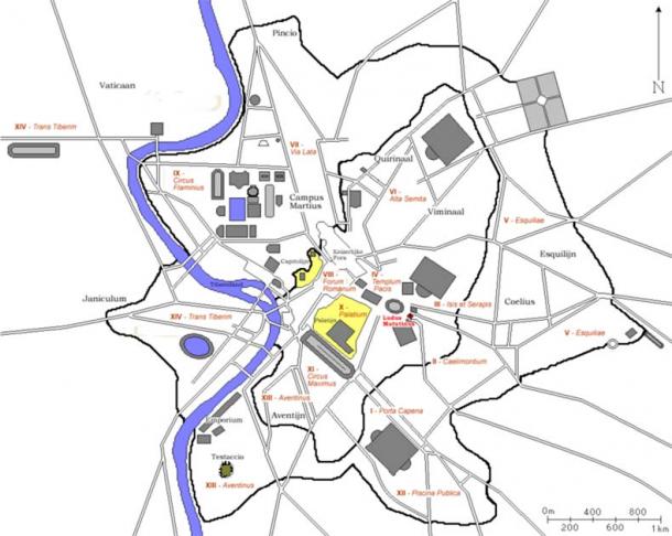 Ludus Matutinus on a map of ancient Rome around 300 AD (fr:User:ColdEel & edited by nl:Gebruiker:Joris1919/CC BY-SA 3.0)
