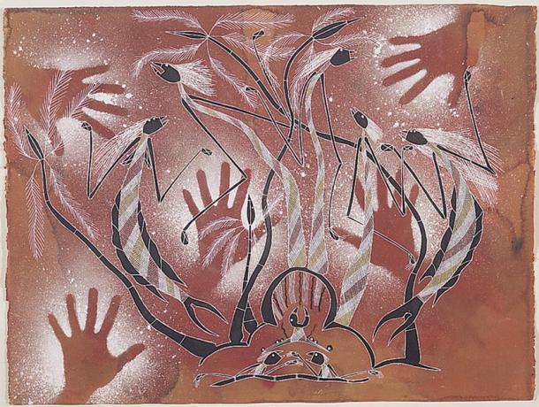 Luke Nganjmirra, Kunwinjku, 1990, Yawk Yawk Maidens, ocres naturelles sur papier Arches, 75,5 cm x 102 cm. (Image © l'artiste, autorisée par la Aboriginal Artists Agency Ltd)