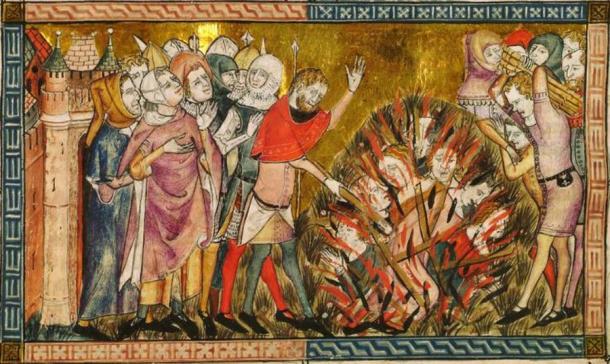 En esta miniatura del pintor flamenco Pierart dou Tielt (pintada hacia 1340-1360), los judíos son quemados vivos porque eran considerados traficantes de plagas o envenenadores. (Pierart dou Tielt / Dominio público)