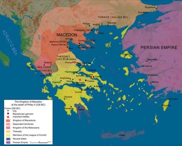 The Macedonian Empire at the death of Philip II in 336 BC (CC BY-SA 3.0)