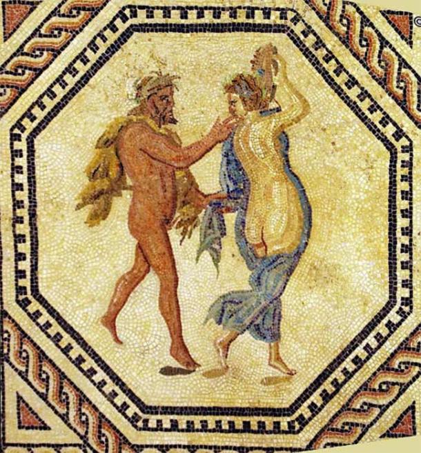 A Maenad and a Satyr, ancient Roman floor mosaic depicting Dionysiac scenes (220 AD) Römisch-Germanisches Museum Cologne (CC BY-SA 2.)