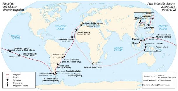 The Magellan–Elcano voyage. Victoria, one of the original five ships, circumnavigated the globe, finishing 16 months after the explorer's death. 