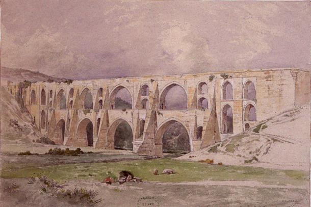 The Maglova Aqueduct by Mimar Sinan, watercolor by Jules Laurens (1847).