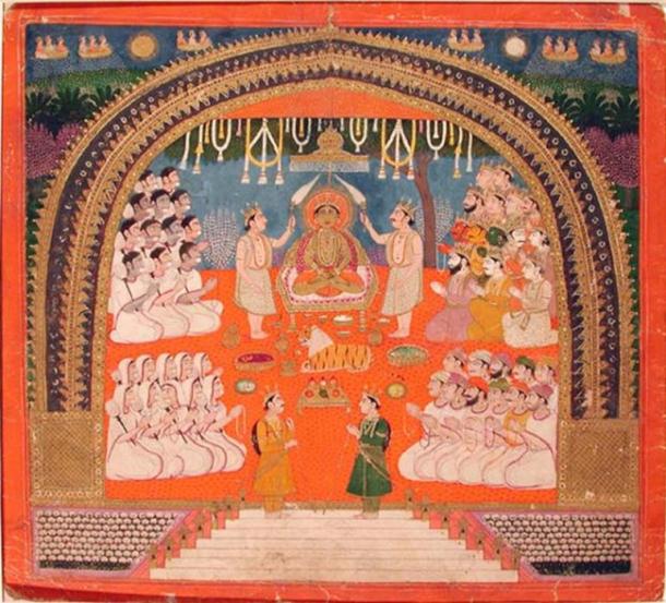 Mahavira adoration in a manuscript, c. 1825 AD. (Public Domain)