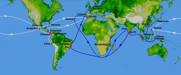 Principalele rute comerciale pradă pirateriei din secolul al 16-lea: flotele spaniole de comori care leagă Caraibe de Sevilla, galioanele Manila după 1568 în alb și India portugheză Armadas după 1498 în albastru. (xbona / Domeniu public)