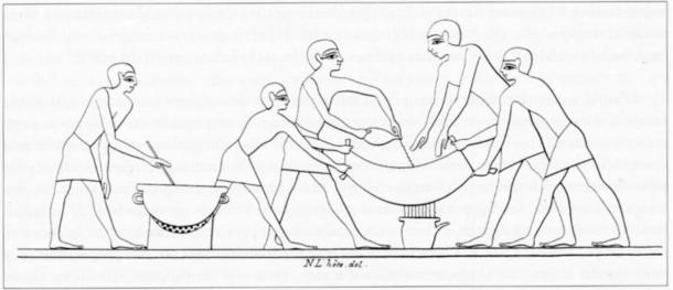 Making shedeh sweet red wine by heating and filtering; from a noble tomb (15 - Baqet III) at Beni-Hassan, 21st century BC. (Champollion, J. F, Les monuments de l’Egypte et de la Nubie IV, Paris, 1845, Pl 389/4; jfr Tallet 1995: 459-492.)